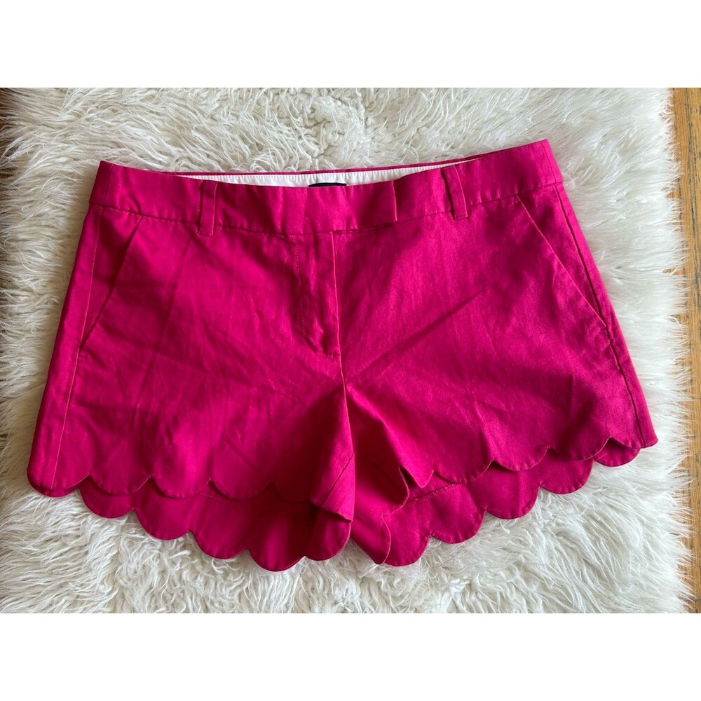 J Crew Linen-Blend Shorts Womens Sz 10 Pink Scalloped Hem Beach Resort Chic